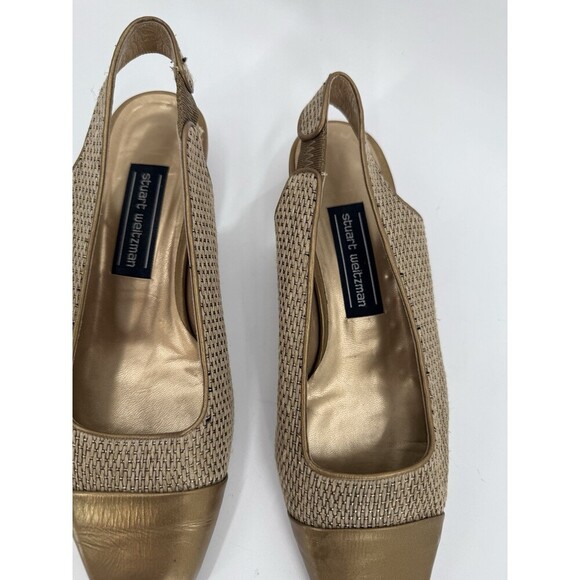Vintage Stuart Weitzman Gold Shimmer Basket Weave Square Toe Heels Pumps Size 7 - Picture 5 of 12